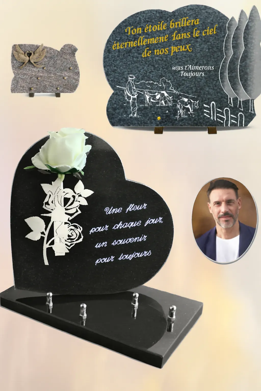 Plaques funéraires personnalisées en granit noir et gris avec gravures.